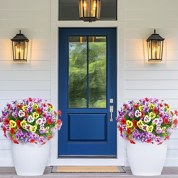 MARTINE MALL 12 Bundles Look Real Artificial Flowers for Outdoors, Realistic Fake Outdoor Flowers, UV Resistant Silk Pansy Flowers for Outside Faux Flowers Plants for Outdoor Porch, Four Mix Colors