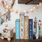 Lineshading 4 Pcs Summer Table Decoration Wooden Book Coastal Beach Decoration Blue and White Summer Tiered Tray Decor Wood Book Signs Farmhouse for Ocean Party Home Shelf Coffee Table