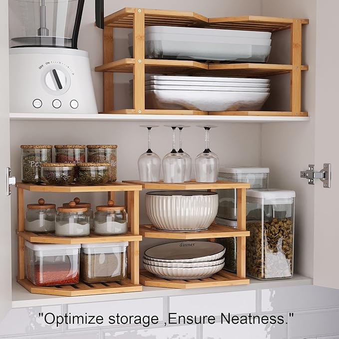 VERTORGAN 3 Tier Bamboo Corner Shelf(4 Pack),Dish Drying Rack,Plate Organizer,Kitchen Spice Rack for Countertop and Cabinet
