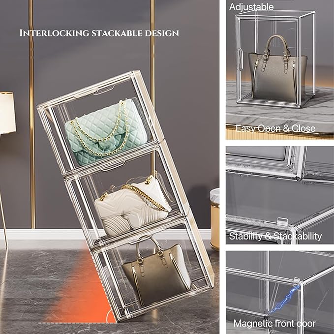 Clear Stackable Plastic Storage Bins with Lid, Dustproof Book Cosmetic Acrylic Display Cases with Magnetic Door, Large Figures Collectibles Showcase
