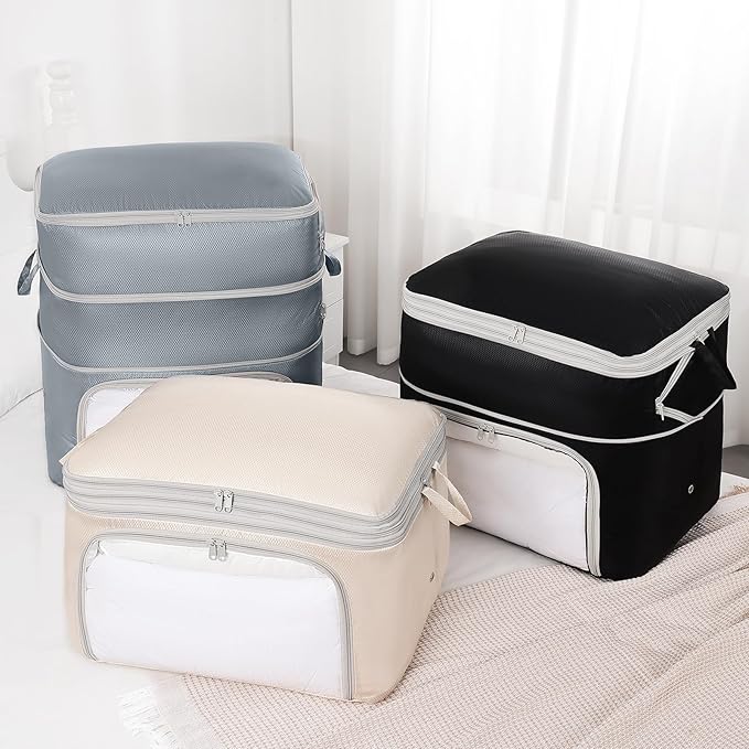 Comforter Storage Bag - 130L Blanket Storage Bags Front-opening Ultra Space Saving Self Compression Organizer, Washable Compression Bags for Storage Comforter Blanket, 1 Pack, Beige