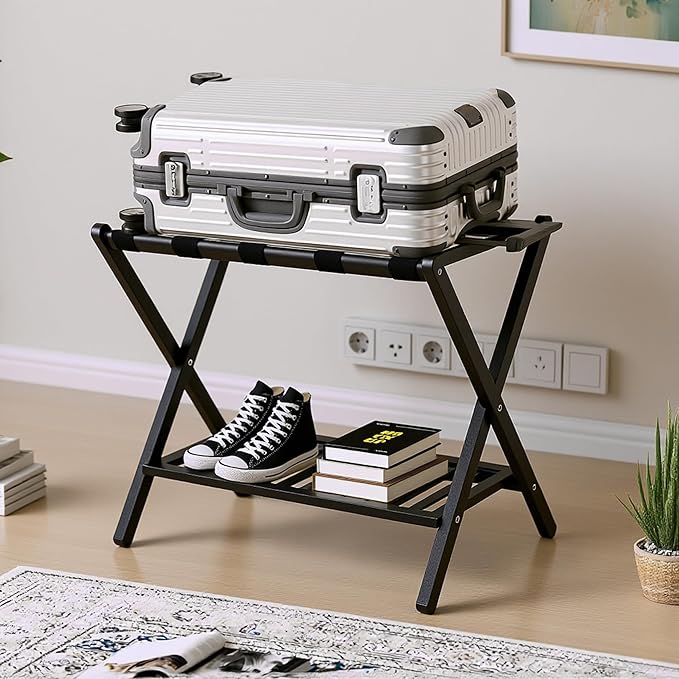 Bamboo Luggage Rack with Shoe Shelf Folding Suitcase Stand with 5 Heavy-Duty Straps for Guest Room Living Room Hotel Ideal Luggage Holder for Suitcases Bags Shoes,Black