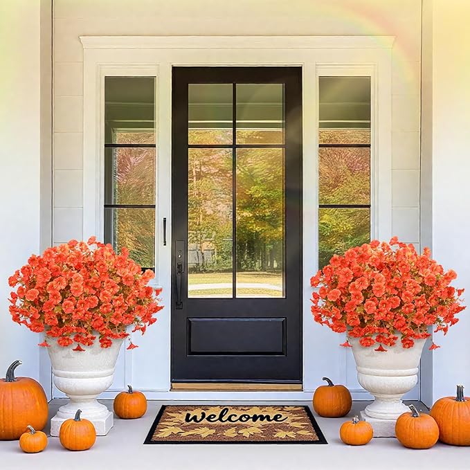 MARTINE MALL Artificial Fall Flowers for Outdoors, 24 Bundles Faux Fall Flower for Outdoor Planters, UV Resistant Fall Flowers Artificial for Outdoors Fake Autumn Petunias for Front Porch (Orange)