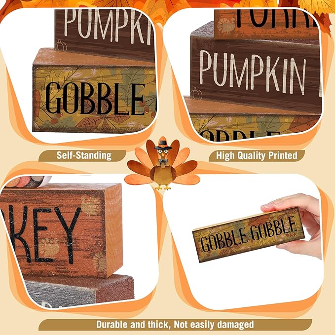 Lineshading 4 Pcs Thanksgiving Decorations for Home Wooden Turkey Decor Fall Tiered Tray Decor Thanksgiving Table Centerpiece Rustic Wooden Turkey Block Sign for Autumn Harvest Party Kitchen Shelf