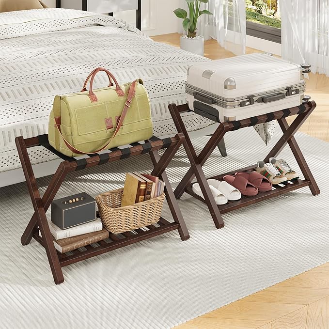 HOOBRO Luggage Racks, Set of 2 Bamboo Suitcase Stands, Folding Luggage Holders, Nylon Strap Support Top, for Guest Room, Hotel, Bedroom, Closet, Dark Brown BR18XLP201
