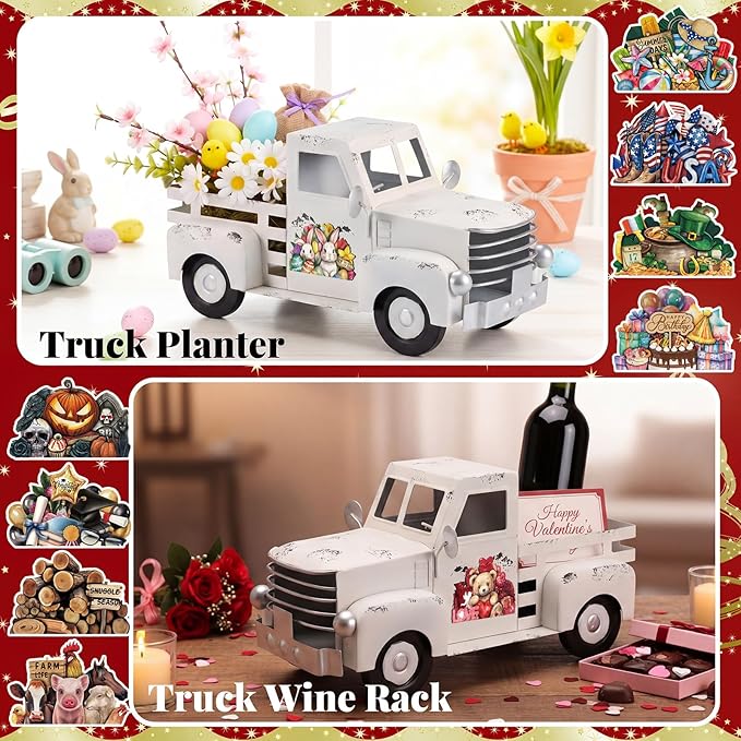 Threehoney Farmhouse Truck Decor 12.2 Inch Vintage White Metal Truck with 16 Magnet Patriotic Table Decoration Summer Centerpieces for Home Kitchen 4th of July Holiday Interchangeable Decor