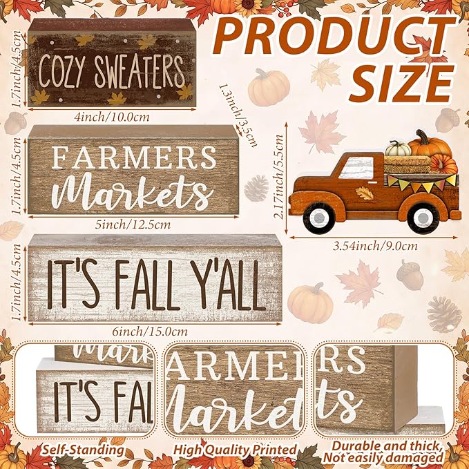 Lineshading 4 Pcs Fall Table Decoration for Home Fall Truck Decor Thanksgiving Tiered Tray Decor Rustic Wooden Pumpkin Truck Block Sign Thanksgiving Centerpiece Autumn Decorations for Harvest Party