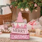 Lineshading 4 Pcs Christmas Table Decoration Wooden Pink Christmas Tree Centerpieces Decor Winter Tiered Tray Decor Rustic Decorative Tree Block Signs Gift Farmhouse Xmas Decoration for Home Kitchen