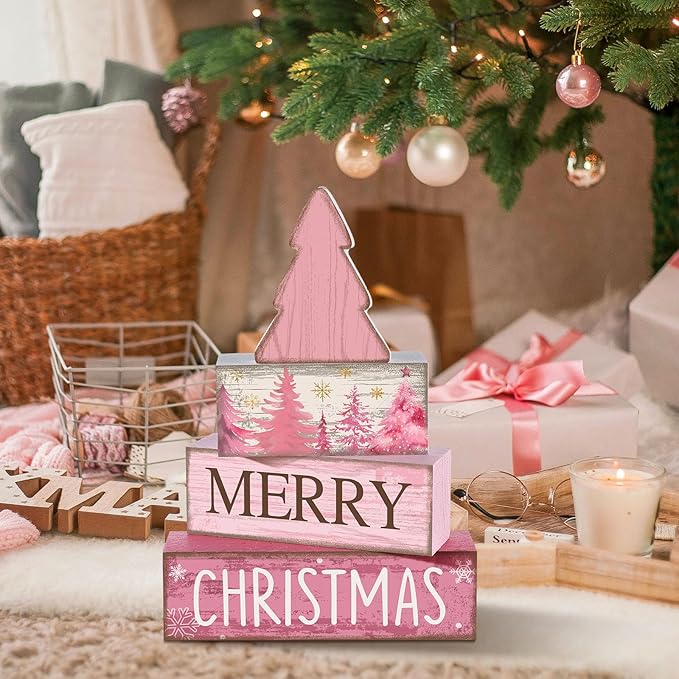 Lineshading 4 Pcs Christmas Table Decoration Wooden Pink Christmas Tree Centerpieces Decor Winter Tiered Tray Decor Rustic Decorative Tree Block Signs Gift Farmhouse Xmas Decoration for Home Kitchen
