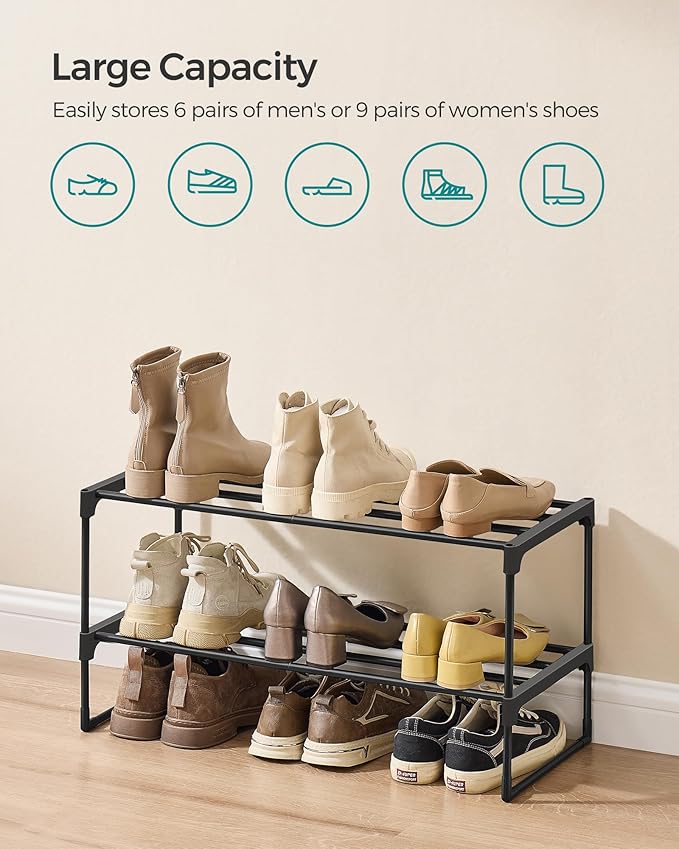 SONGMICS Shoe Rack, 2-Tier Shoe Organizer, Metal Storage Shelf, Upright or Upside Down, for 6-9 Pairs, Stackable, for Entryway, 11.8 x 26.8 x 14.6 Inches, Black ULSA202B01