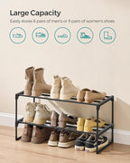 SONGMICS Shoe Rack, 2-Tier Shoe Organizer, Metal Storage Shelf, Upright or Upside Down, for 6-9 Pairs, Stackable, for Entryway, 11.8 x 26.8 x 14.6 Inches, Black ULSA202B01
