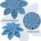 Ocean Blue Metal Flower Wall Art Decor, 9.5" Rustic Modern Floral Sculpture, Distressed Hanging Home Decoration Accent Artworks for Indoor Bedroom Living Room Office Outdoor Garden Patio