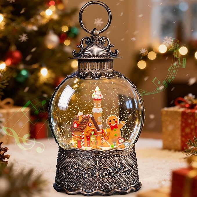 Gingerbread House Christmas Snow Globes, 10.24" Electric Light up Snow Globe Christmas, 8 Festive Songs 6H Timer & Dual Power, Musical Snowglobes Gingerbread Man Christmas Decorations Indoor Snowglobe