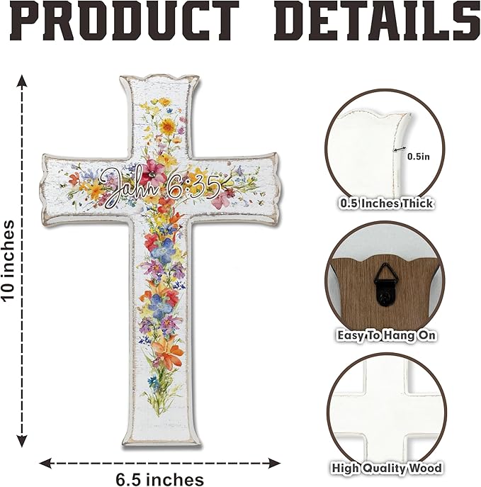 VZVCTFS White Multicolored Wildflowers Cross Wall Decor with Scripture - John 6:35 Wooden Christian Sign, Rustic Farmhouse Inspirational Gift for Home, Easter Christmas Hanging Art (6.5x10 Inch)（A07）