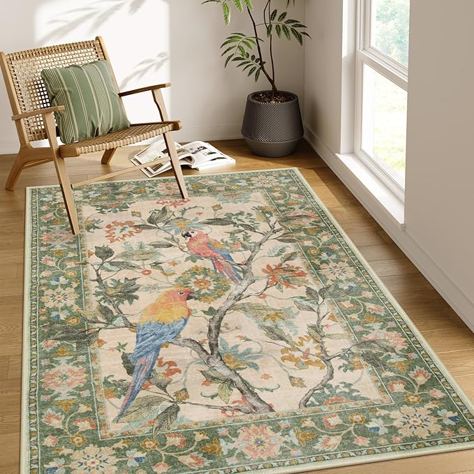 Lahome Botanical Birds 5x7 Washable Living Room Rug, Boho Green Bedroom Dining Room Rugs for Under Table, Large Vintage Indoor Floor Carpet for Home Office Entryway (5x7ft,Green)