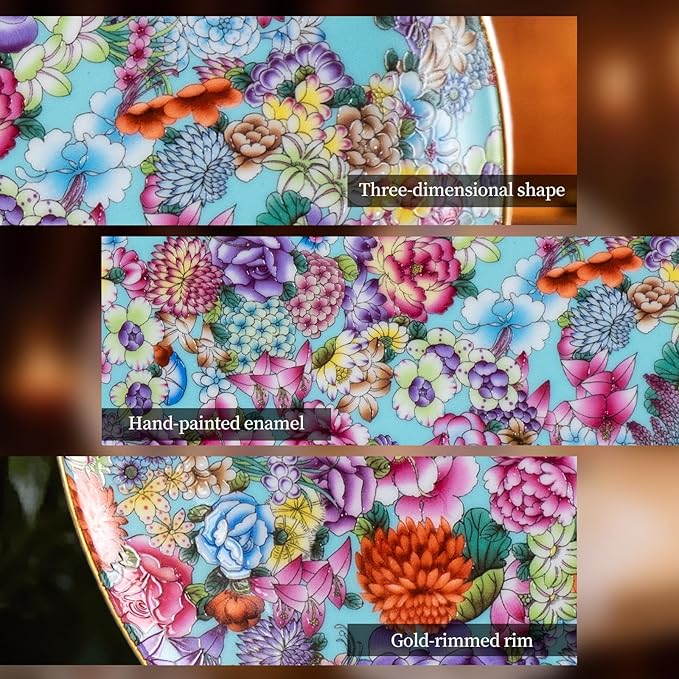 Decorative Plates Set for Display, Lake Blue Ceramic Plate Decor with Stand，Handmade Vintage Flower Porcelain Ornament for Living Room, Kitchen, Office, Perfect Chinese Style Dish Gift (8in+10in)