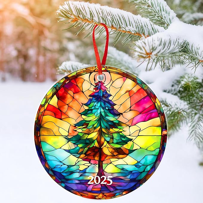 Jabihome Christmas Ornaments 2025, Exchange for Women, Men, Collectible Dated Year Ornaments for Tree, Unique Acrylic Suncatcher, Printed Stained Glass Effect Decor (Christmas Tree)