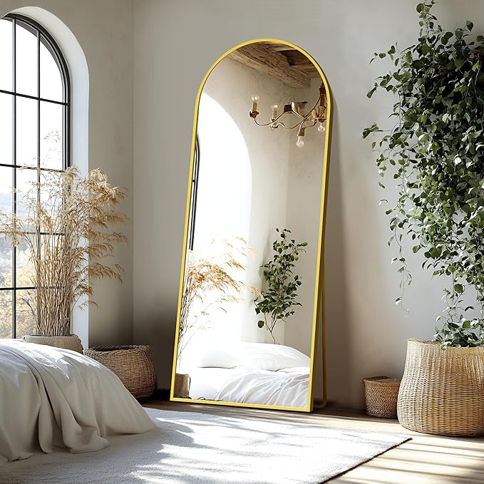 Delma Wall Mirror Full Length, Standing Floor Mirror for Bedroom Bathroom Living Room with Aluminium Frame (with Stand, Arch 69x24-Gold)