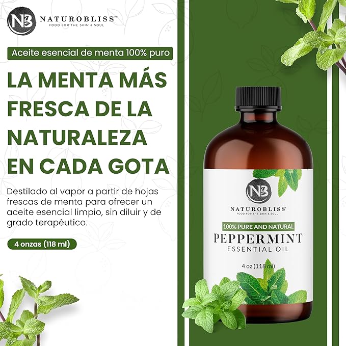 NaturoBliss Peppermint Essential Oil, 100% Pure and Natural Therapeutic Grade, Premium Quality Peppermint Oil, 4 fl. Oz - Perfect for Aromatherapy and Relaxation