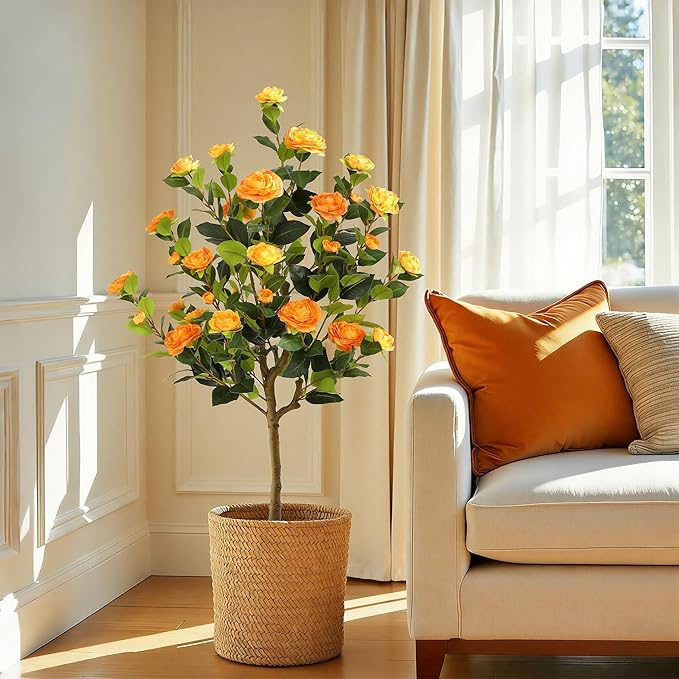 Bellacat 4ft Artificial Camellia Tree with Silk Orange Flowers, 48in Faux Camellia Plant with Lifelike Trunk, Fake Flower Tree Potted Front Door Plants for Porch Patio Deck Living Room Decor, 2Pack
