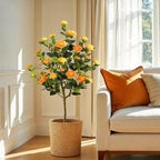 Bellacat 4ft Artificial Camellia Tree with Silk Orange Flowers, 48in Faux Camellia Plant with Lifelike Trunk, Fake Flower Tree Potted Front Door Plants for Porch Patio Deck Living Room Decor, 2Pack