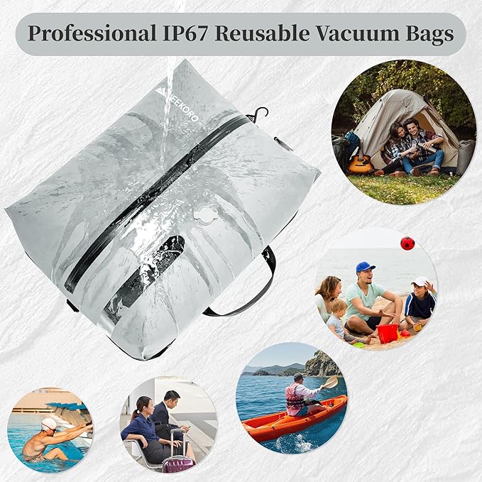 Vacuum Bags for Travel, Professional IP67 Reusable Vacuum Compression Bags for Travel Suitcases, Durable Space Saver Bag (2 PACK Grey, With Pump)
