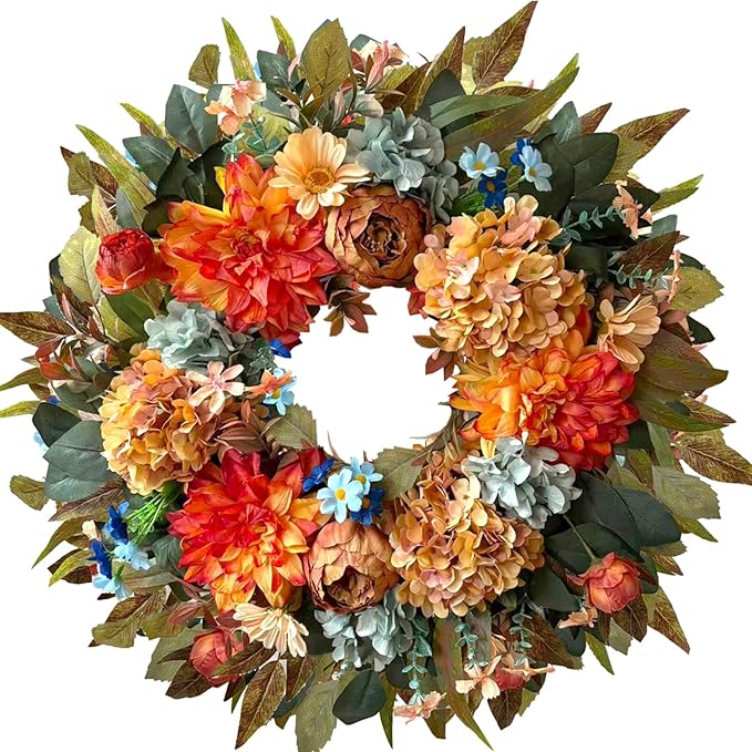 WANNA-CUL 24 Inch Spring Hydrangea &Peony Wreaths for Front Door, Summer Fall Door Wreath with Orange Dahlia Flowers for Wedding or Indoor&Outdoor Decoration