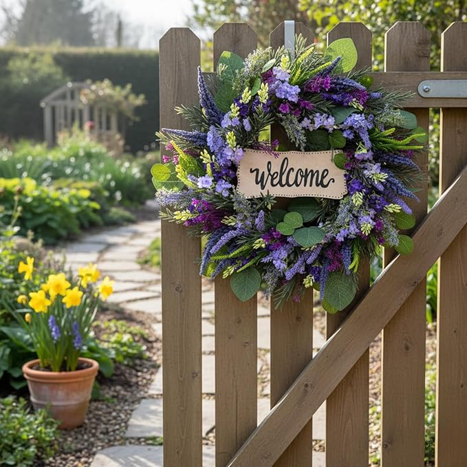 22 Inch Welcome Wreath for Front Door, Artificial Lavender and Eucalyptus Wreath for Spring Summer, Farmhouse Porch Decor Purple Floral Front Door Decoration for Wall Door Farmhouse