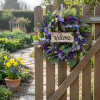 22 Inch Welcome Wreath for Front Door, Artificial Lavender and Eucalyptus Wreath for Spring Summer, Farmhouse Porch Decor Purple Floral Front Door Decoration for Wall Door Farmhouse