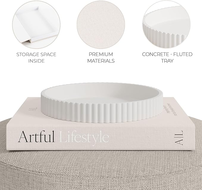 Decorative Concrete Tray & Book Decor Set - Scalloped Tray & Linen Box Enhance Your Coffee Table or Bookshelf Decor - Stylish Home Decoration for Your Living or Dining Room & as a Housewarming Gift