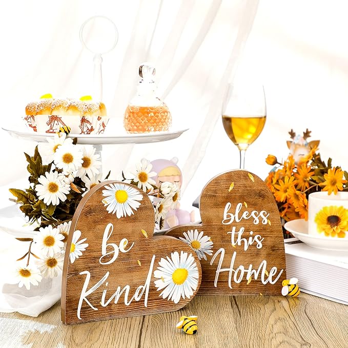 Jetec 2 Pcs Rustic Decorations for Living Room Home Shelf Mantel Entryway Table, Farmhouse Knick Knacks Christian Table Centerpiece Wooden Heart Decor for Dining Room Housewarming Gift(Daisy Style)