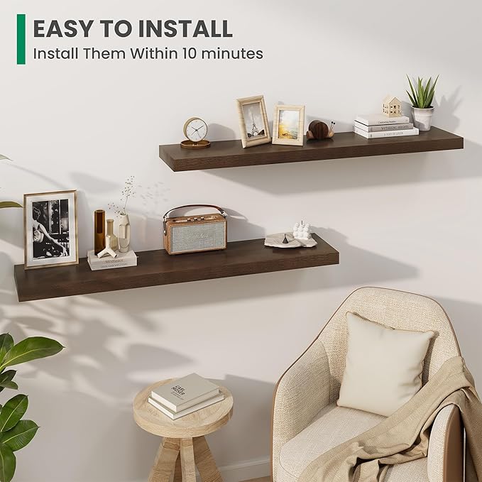 Marsmiles Solid Wood Floating Shelves for Wall, 48”W x 9”D x 1.56”H Large Wall Shelves for Living Room Bedroom Bathroom Kitchen Drcor Storage with Invisible Heavy-Duty Metal Bracket, Walnut, Set of 1