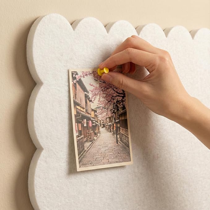 Scalloped White Felt Bulletin Board 36x24 Inches - Self-Adhesive Foldable, with 30 Pushpins, Cork Board Alternative - Decorative Pin Board for Wall, Home, Office & School