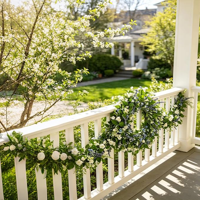 22 Inch Blue & White Floral Wreaths for Front Door, Spring Summer Floral Wreath with Pink Sash, Farmhouse Wreath for Porch, Wall, Window, Indoor Outdoor Home Decor