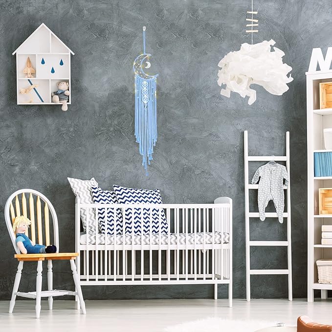 Macrame Moon Dream Catcher for Girl, Blue Boho Crescent Dreamcatcher for Bedroom Adult, Handmade Nursery Room Wall Hanging with Star Pendant for Teen Boy, Bohemian Home Decoration Idea
