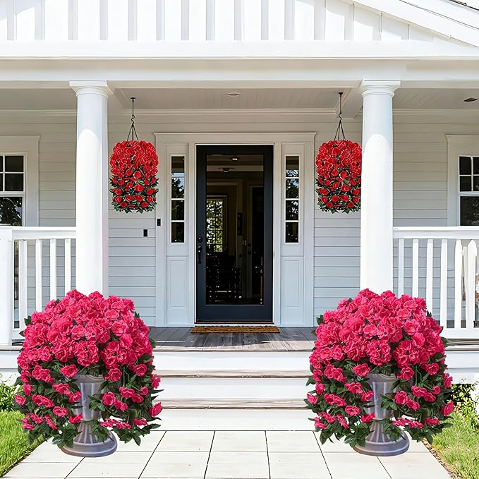 Faux Geraniums Artificial Flowers for Outdoors Spring Porch Outside Decor, 2PCS Hotpink Silk Geraniums Vines Fake Hanging Plants UV Resistant Look Real for Outdoor Planters Patio Garden Balcony Home