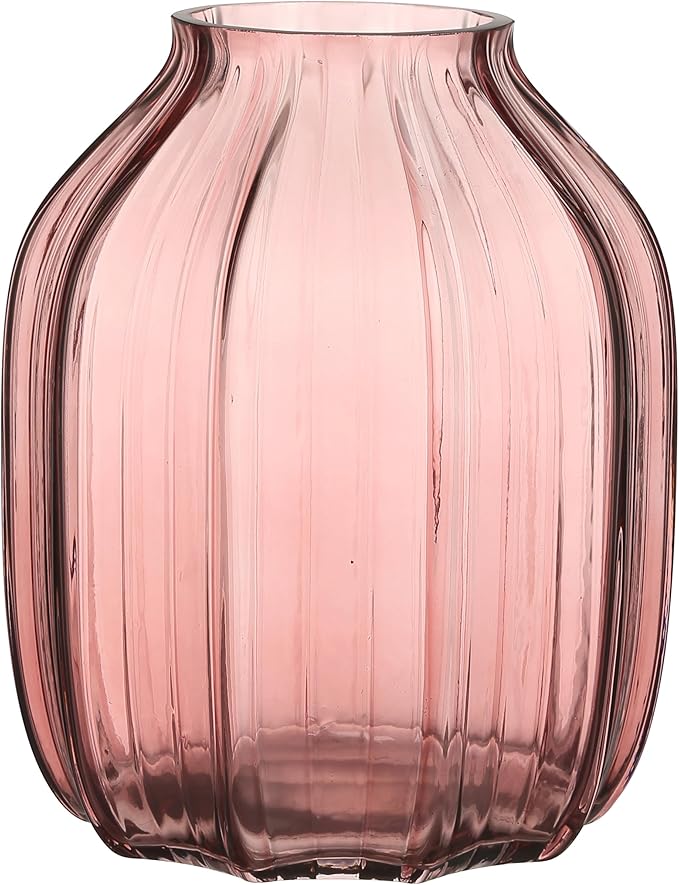 Large Pink Glass Vase for Flowers Ribbed Tall Pink Red Floor Vase 8.0" Decorative Vases for Home Table Centerpieces Flowers Decor and Farmhouse