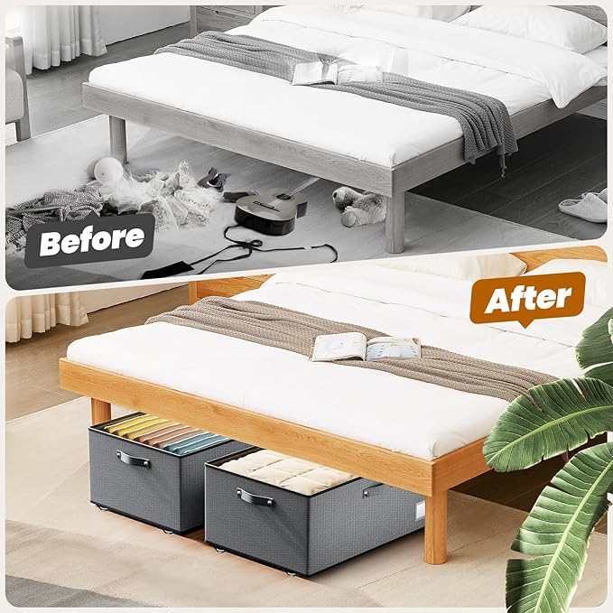 Dayacoco Underbed Storage with Wheels, 2 Pack Under Bed Storage Containers with Clear Lids, No Assembly Required 10.1 inch Rolling Under Bed Storage for Clothes, Grey