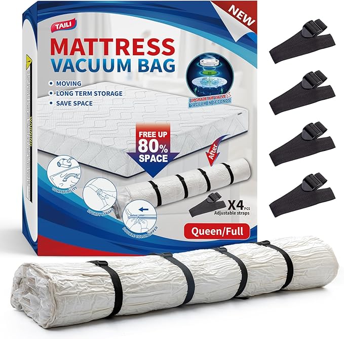 TAILI Mattress Vacuum Storage Bag, Full/Queen Mattress Vacuum Bag with 4 Straps, Sealable Bag for Memory Foam, Latex, Easy Moving, Transport and Storage
