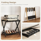 Fully Assembled Luggage Racks Set of 2, Bamboo Luggage Rack for Guest Room, Foldable Suitcase Stand with Fabric Storage Shelf for Bedroom, Hotel, Holds up to 165 lb, 26.77 x 16.93 x 22.5 Inches, Black