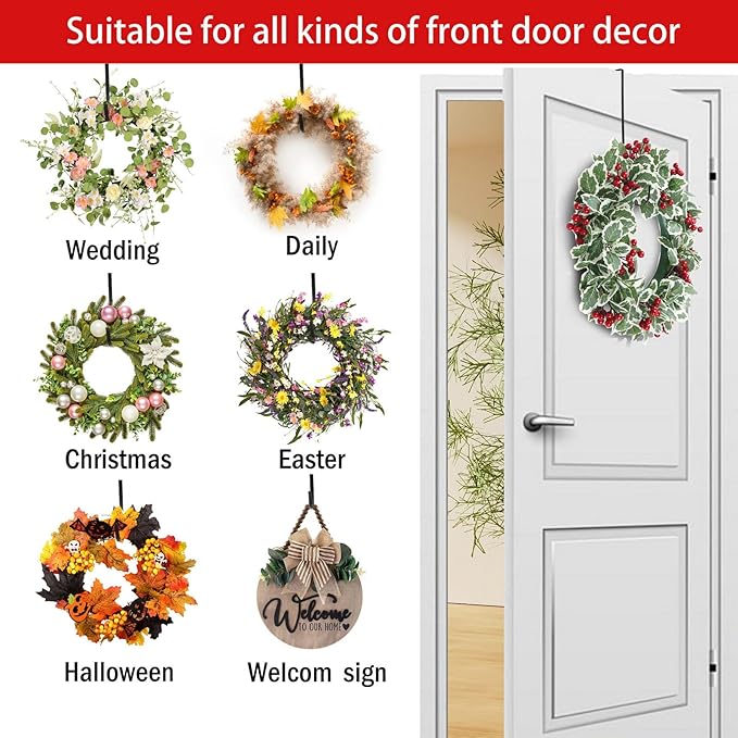 12 in Wreath Hanger Black Wreath Hangers for Front Door 2 Pack Wreaths Hangers Hook Over The Door Hook Christmas Wreaths Holder Halloween Easter Home Wreaths Hanging Hooks Decoration