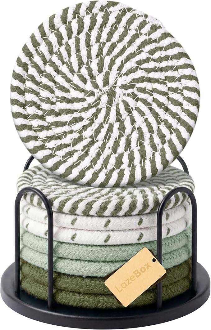 Lazebox Coasters Set of 8 for Drinks, 4 Inch Large Coasters for Coffee Table, Tabletop Protection for Hot & Cold Drinks, Versatile Coasters for Home Decor, Non-Slip & Easy to Clean, Olive Green