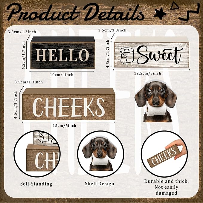 Moucuny 4 Pcs Dachshund Bathroom Decor Set Funny Toilet Wooden Tiered Tray Decor Farmhouse Dachshund Centerpiece Rustic Bathroom Shelf Decoration Hello Sweet Cheeks Decoration for Home Office