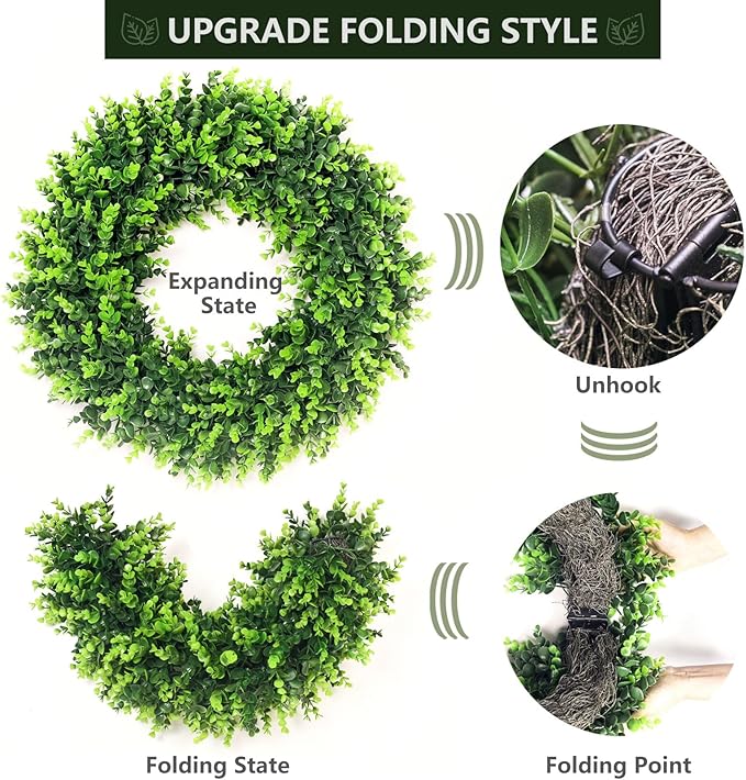 24-26'' Large Boxwood Wreath for Front Door, Porch, Window - Foldable Greenery Boxwood Wreaths for Farmhouse Wedding Indoor Outdoor Decor - Spring, Summer, Fall, All Seasons (with Bow)