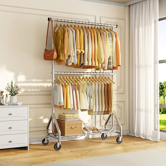 Heavy Duty Clothes Rack, Double Rod Clothing Rack for Hanging Clothes, Rolling Garment Rack, Adjustable Freestanding Wardrobe Closet Coat Rack for Bedroom Laundry Living Room, Silver