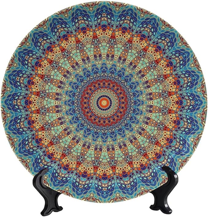 Colorful Decorative Plates, 8 Inch, Blue Mandala Boho Round Display Plate, Decorative Plates with Stand, for Kitchen Party Coffee Table Decor Art