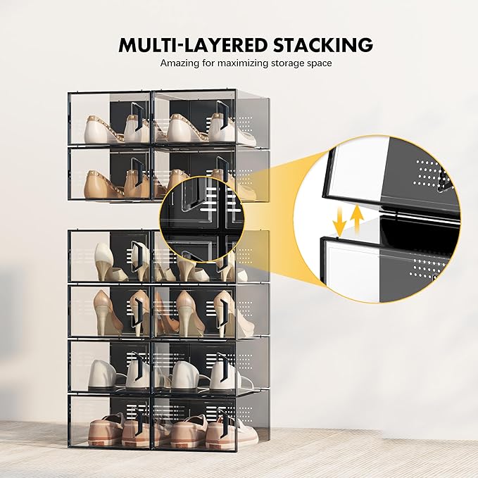 SEE SPRING XX-Large Shoe Storage Box Fit Size 13, Clear Plastic Stackable Shoe Organizer for Closet, Space Saving Sneaker Shoe Rack Containers Bins Holders for Entryway, Under Bed, 12 Pack Black