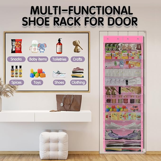 Over The Door Shoe Organizer with 12 Large Breathable Pockets - Durable Hanging Storage for the Entire Family's Shoes (Pink)