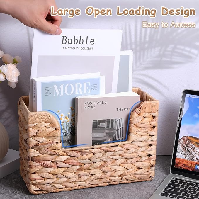 WLLHYF Woven Hanging Magazine Holder Water Hyacinth Storage Basket Wall Mounted Wicker Organizer Boho Modern Farmhouse Book Rack with Handle File Newspaper Mail Holder for Home Office