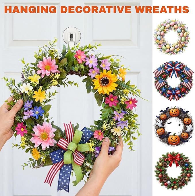 Ofiray-home Wreath Hangers, 4 Pack Heavy Duty Wreath Hangers for Front Doors/Windows/Over Door, No Drill & Reusable Suction Cup Hooks for Bedroom, RV, Bathroom and Home Storage Hooks(White)